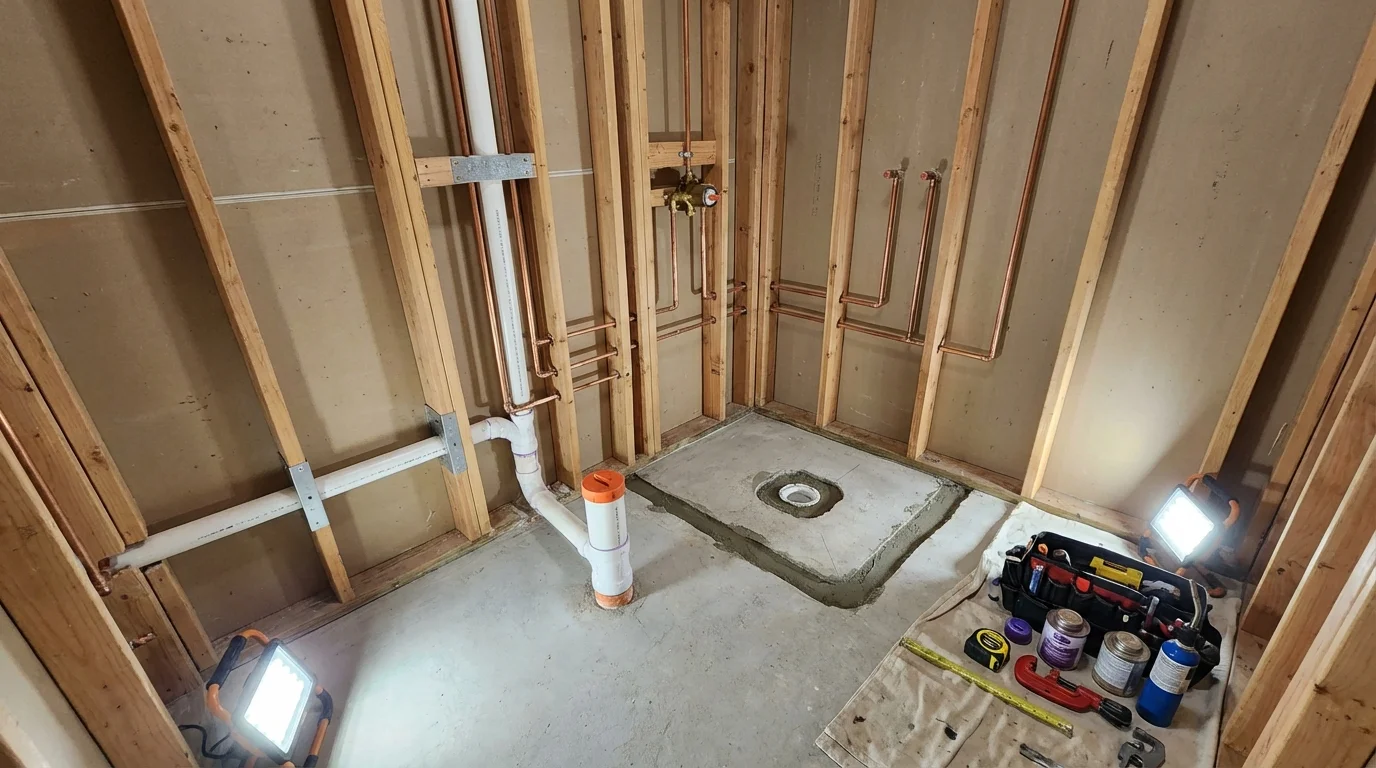 Bathroom rough-in plumbing during remodel by Johns Plumbing LLC in Huntertown