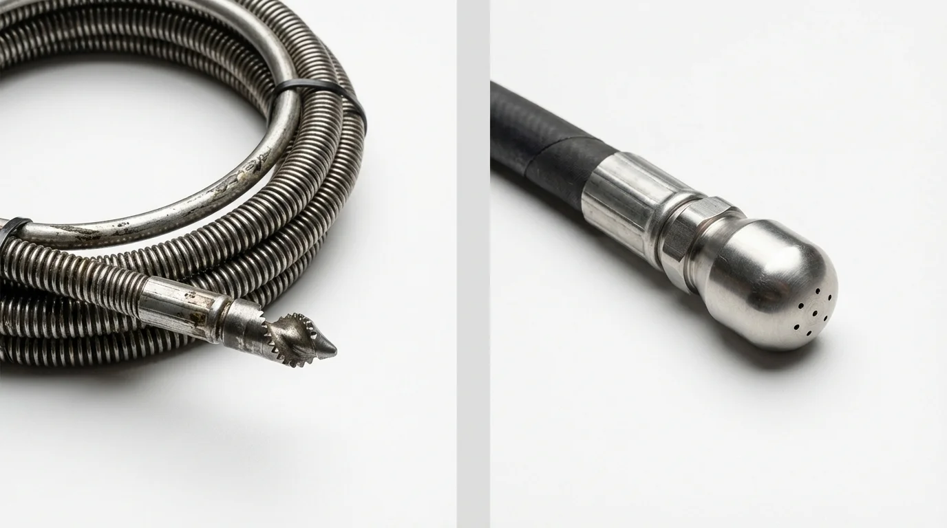 Drain snake cable and hydro jetting nozzle used for drain cleaning in Huntertown, IN
