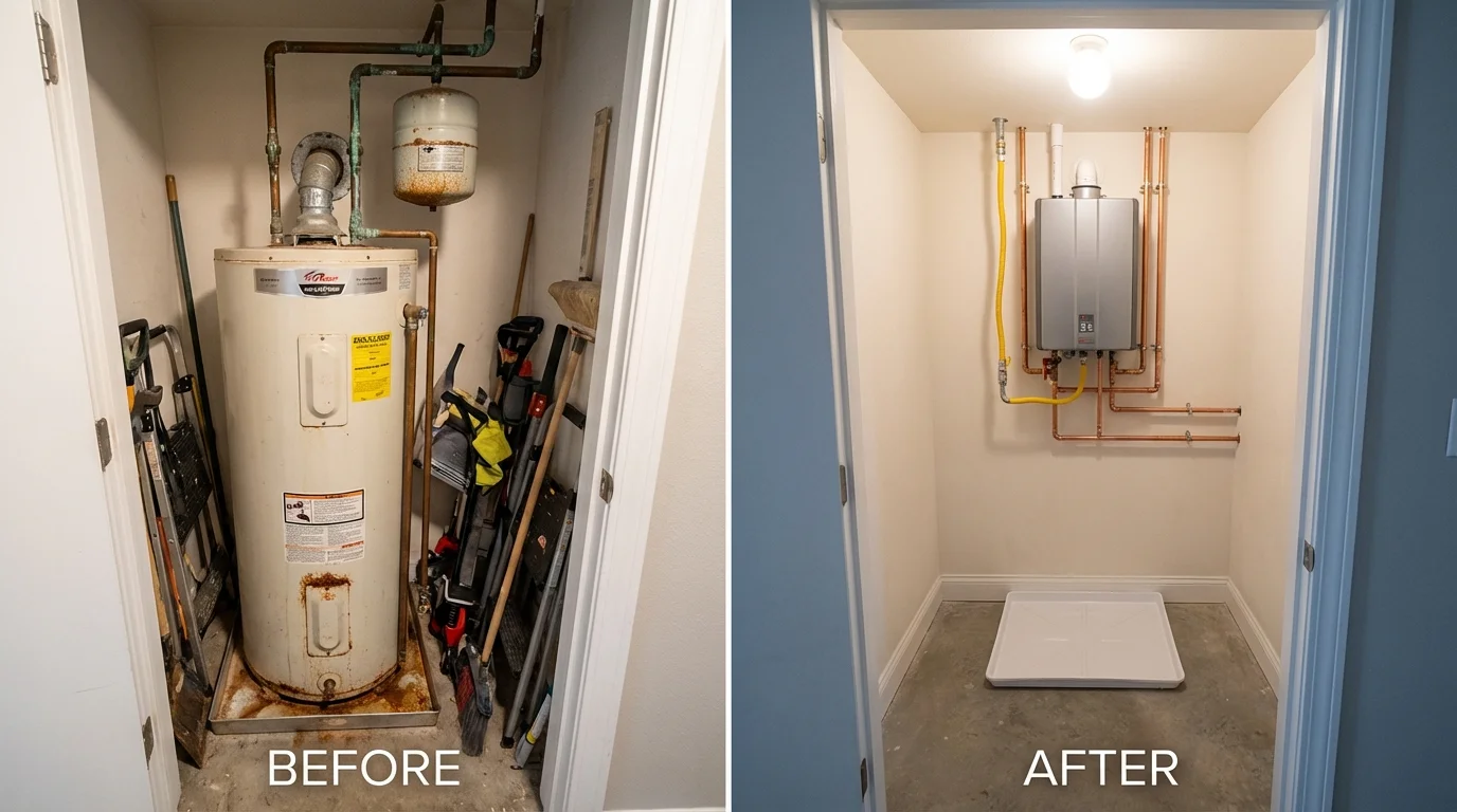 Tank water heater versus wall-mounted tankless unit comparison for Huntertown, IN homeowners