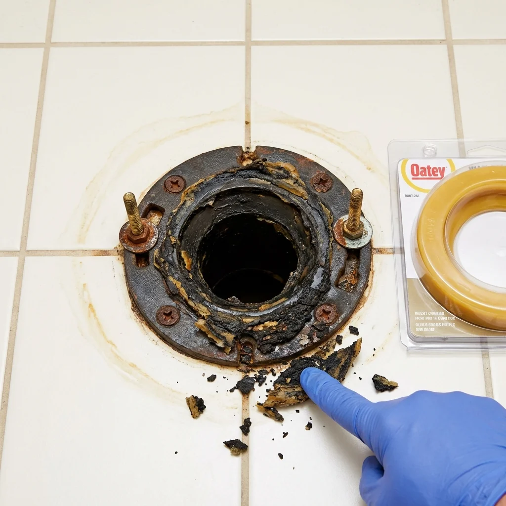 Failed wax ring showing water seepage at the base of a toilet in a Huntertown, IN home