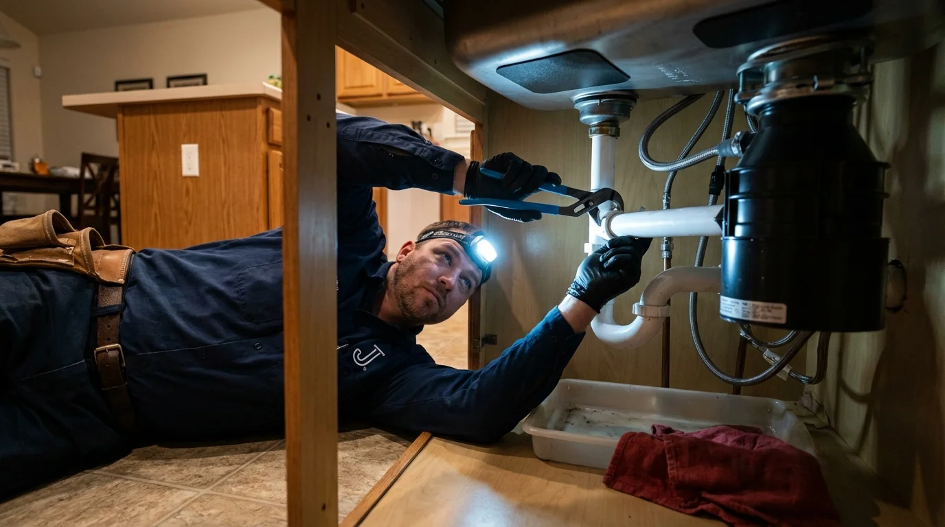 P-trap and supply line connections under a kitchen sink showing a common leak point in Huntertown, IN